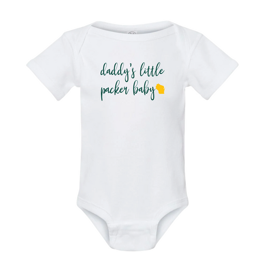 White baby onesie with 'daddy's little packer baby' text on a white background
