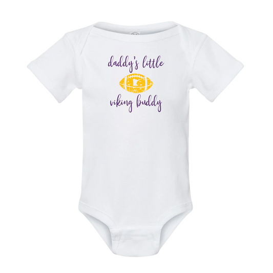 White baby onesie with 'daddy's little viking buddy' text and football graphic on a white background