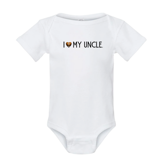 White baby onesie with 'I ❤️ MY UNCLE' text on a white background