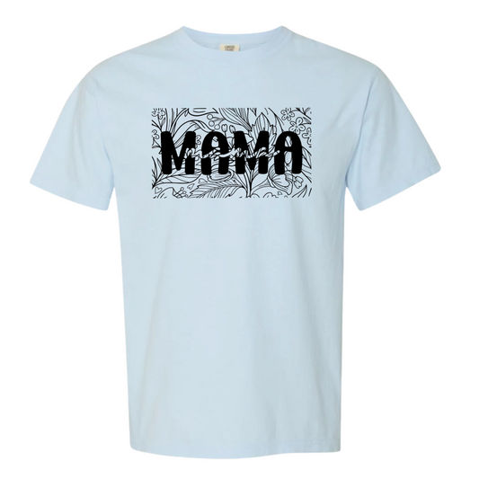 Light blue t-shirt with 'MAMA' text and floral design on a white background