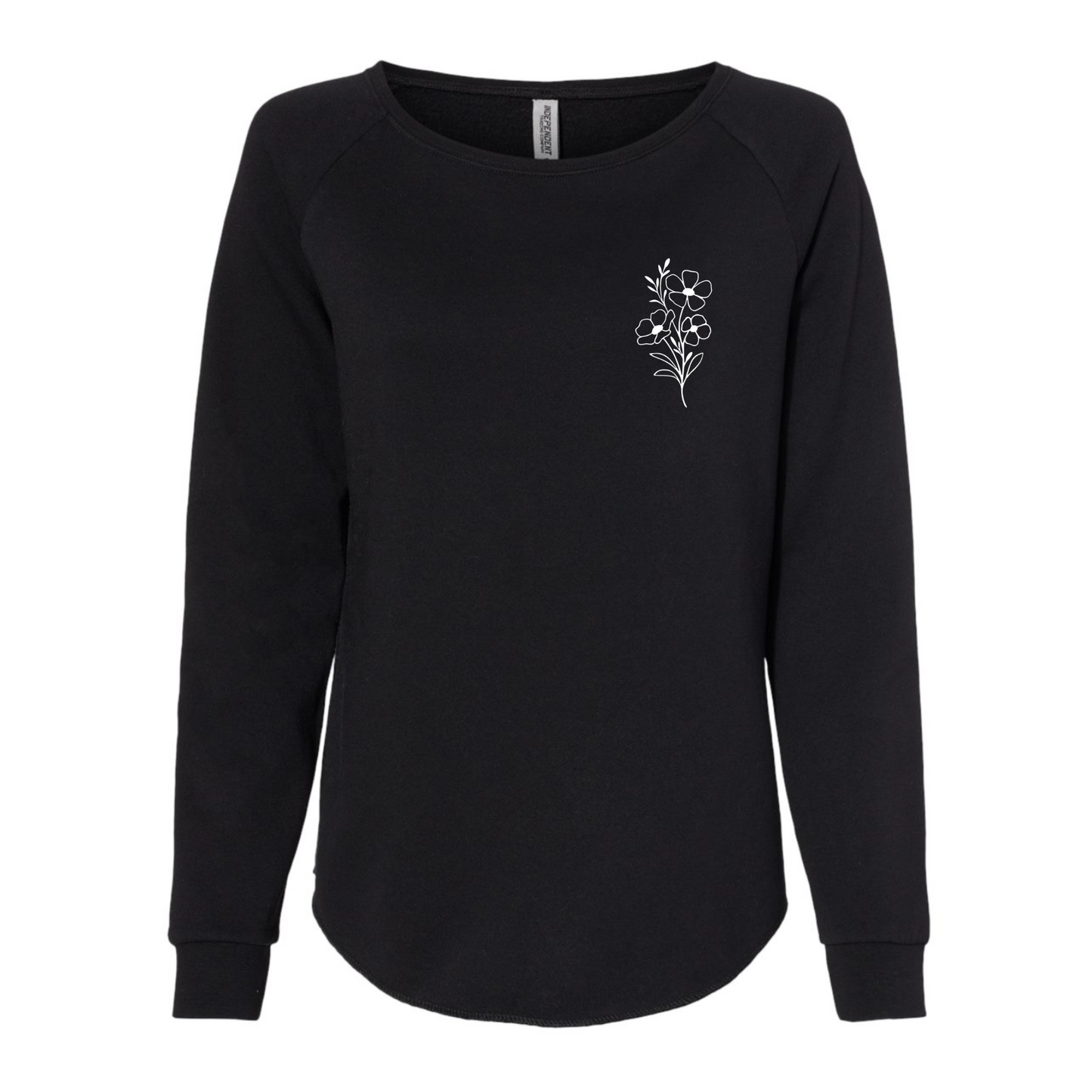 Front view of the sweatshirt. Black sweatshirt has a flower design on it.