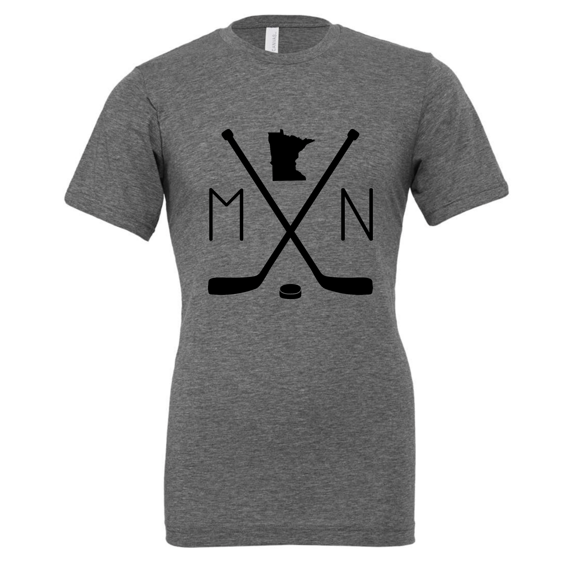 Heather Gray Minnesota Hockey T-Shirt. On the front has a black design with to hockey sticks faced like an X with a puck below in. An M to the left, an N to the right, and an outline of the state of minnesota up top. This is the front view of the shirt.