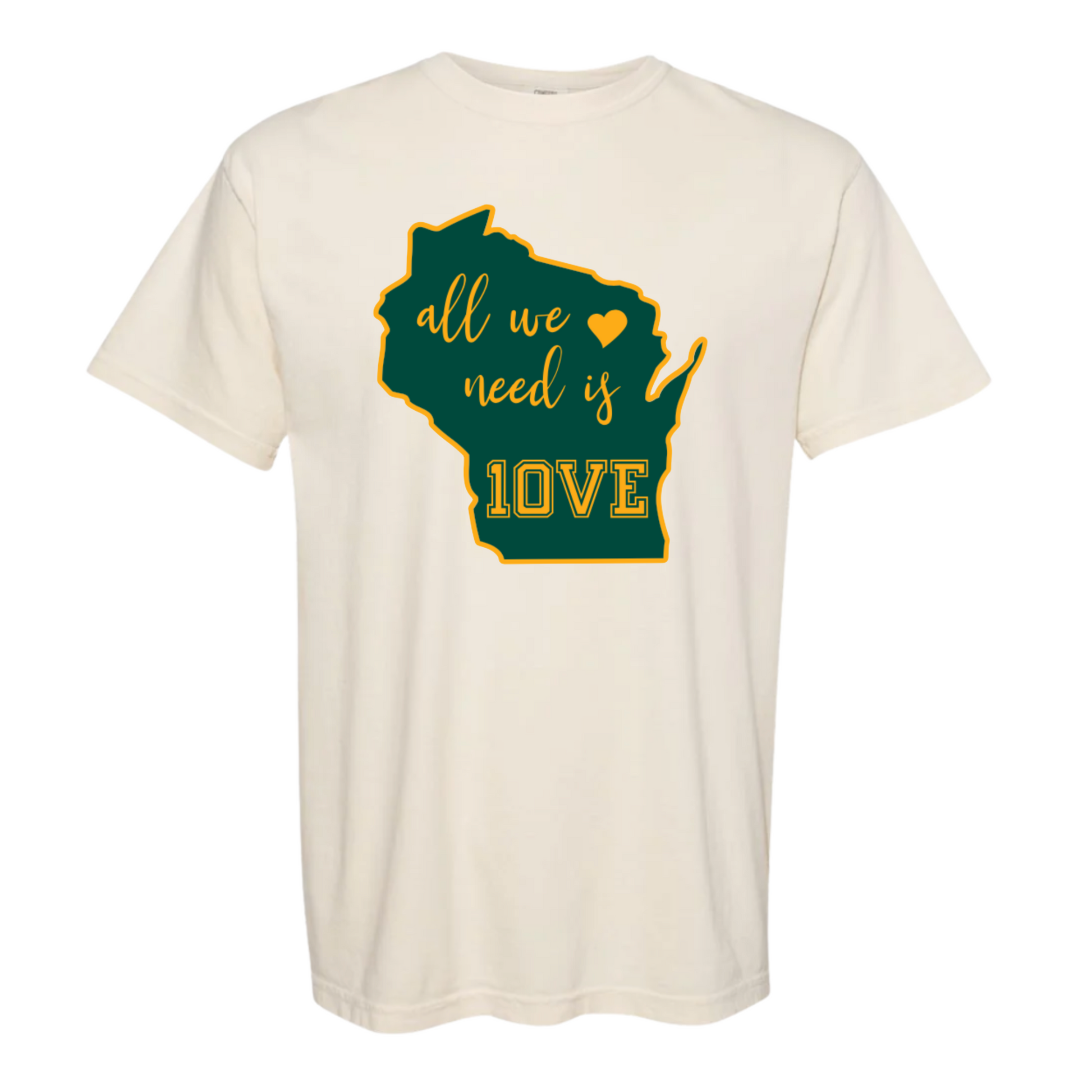 Beige t-shirt with a graphic of Wisconsin and 'all we need is LOVE' text on a white background