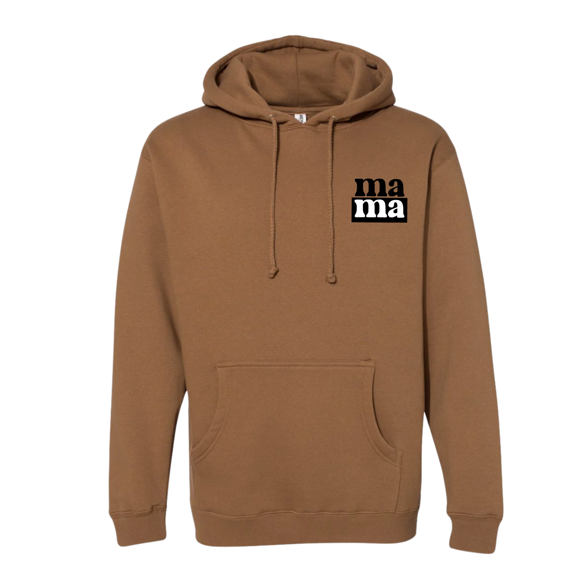 Brown hoodie with 'ma ma' text on a white background