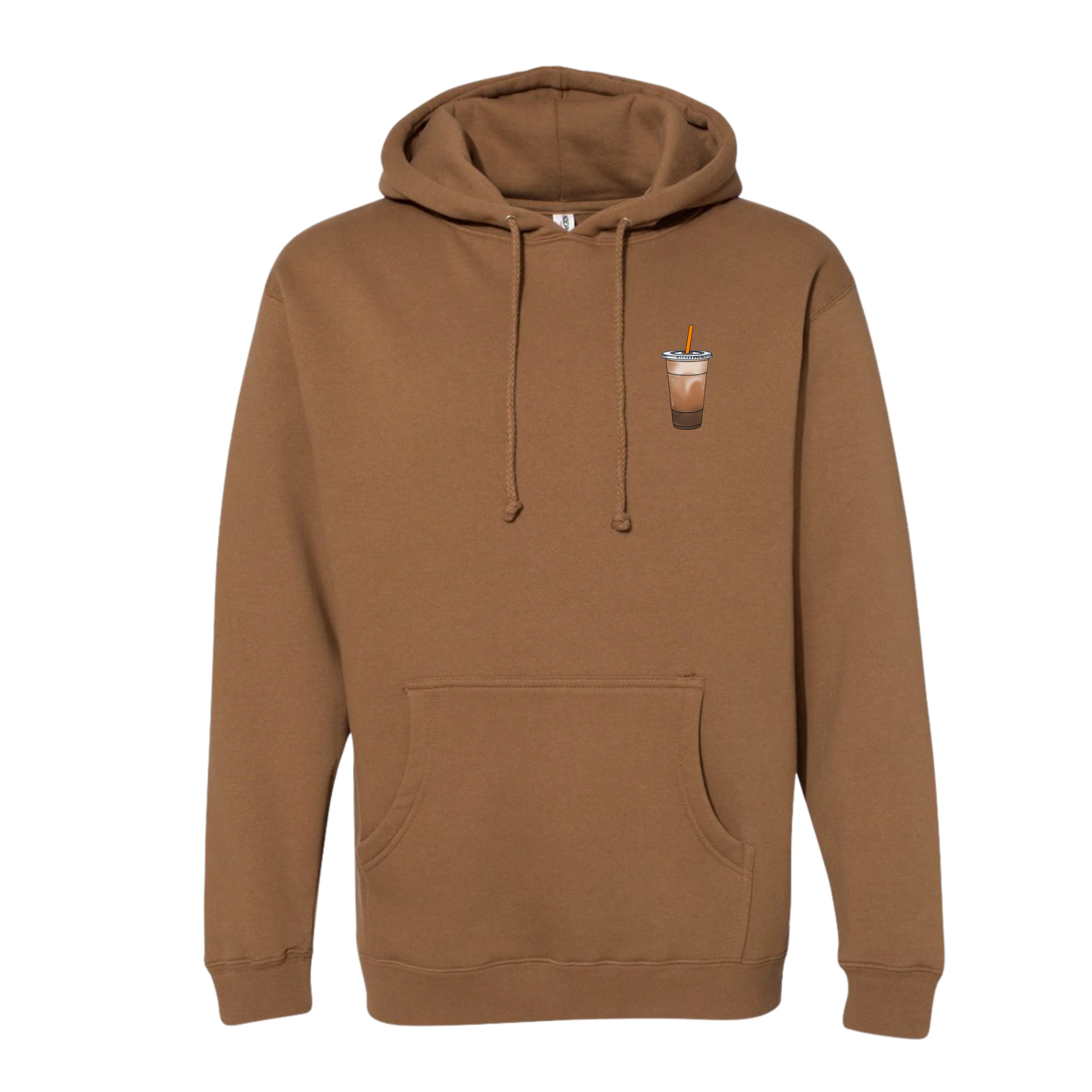 Brown hoodie with a small graphic on the chest against a white background