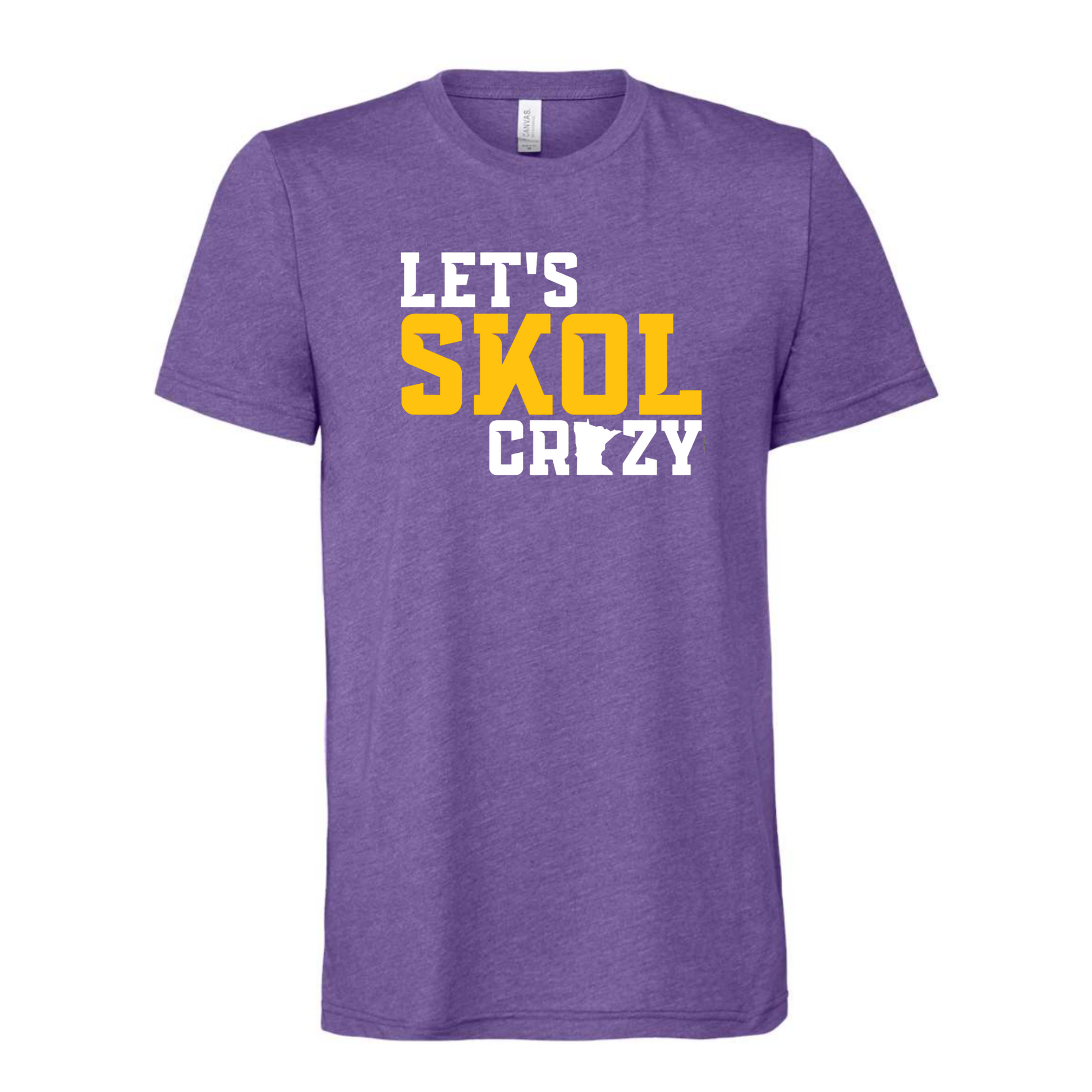 Purple t-shirt with 'Let's Skol Crazy' text in white and yellow on a white background
