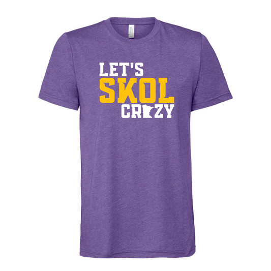 Purple t-shirt with 'Let's Skol Crazy' text in white and yellow on a white background