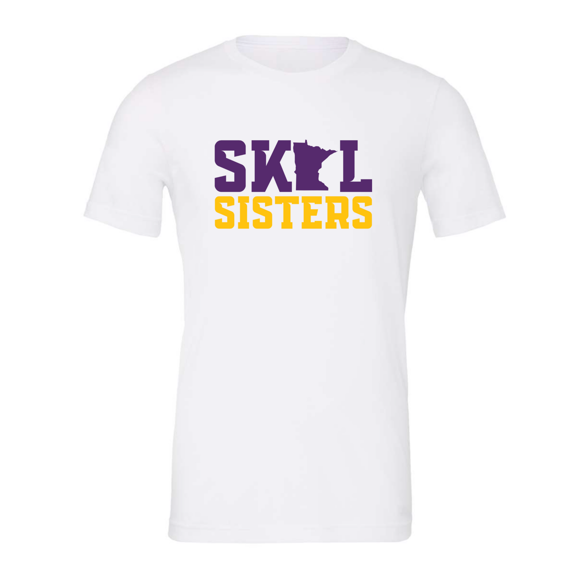White t-shirt with 'SKOL Sisters' text in purple and yellow on a white background