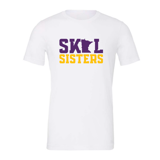 White t-shirt with 'SKOL Sisters' text in purple and yellow on a white background