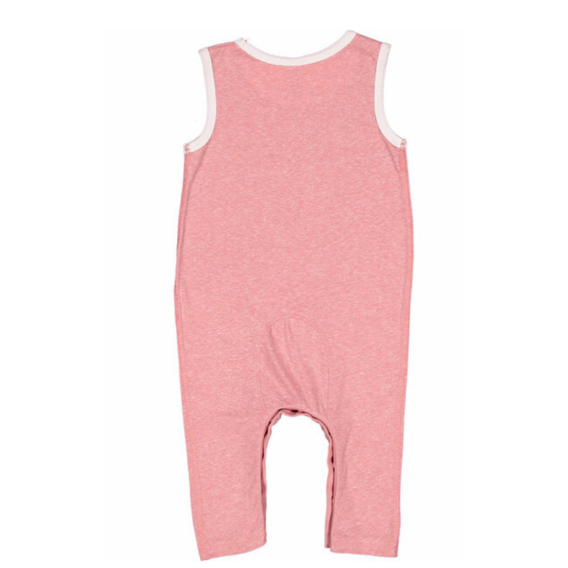 Pink baby romper with white trim on a white background