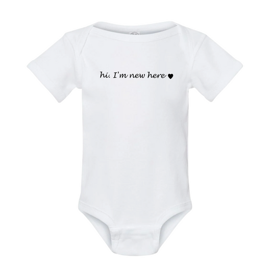Hi, I'm New Here Onesie - front view