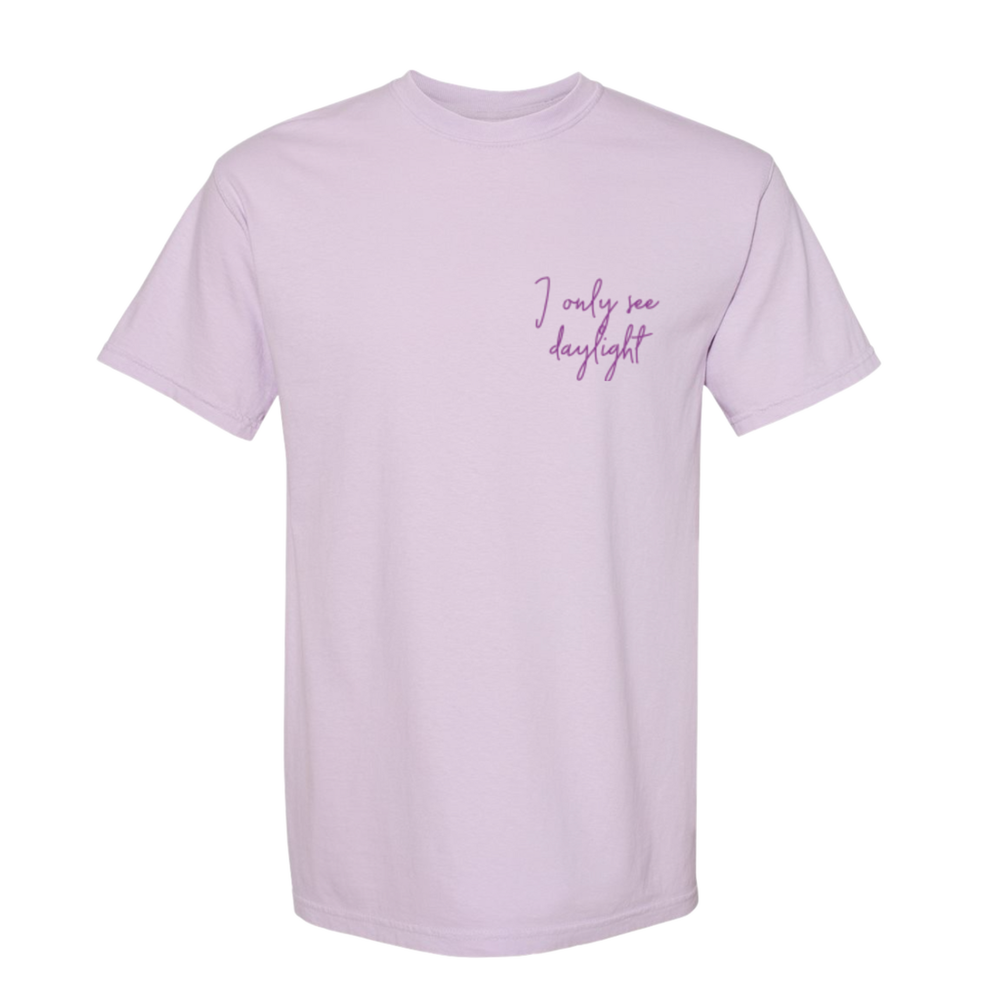 Light purple t-shirt with text on a white background