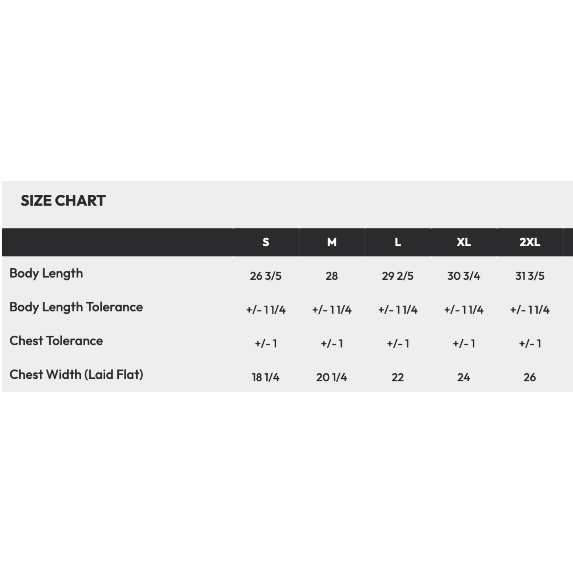 Size chart for clothing with measurements in inches