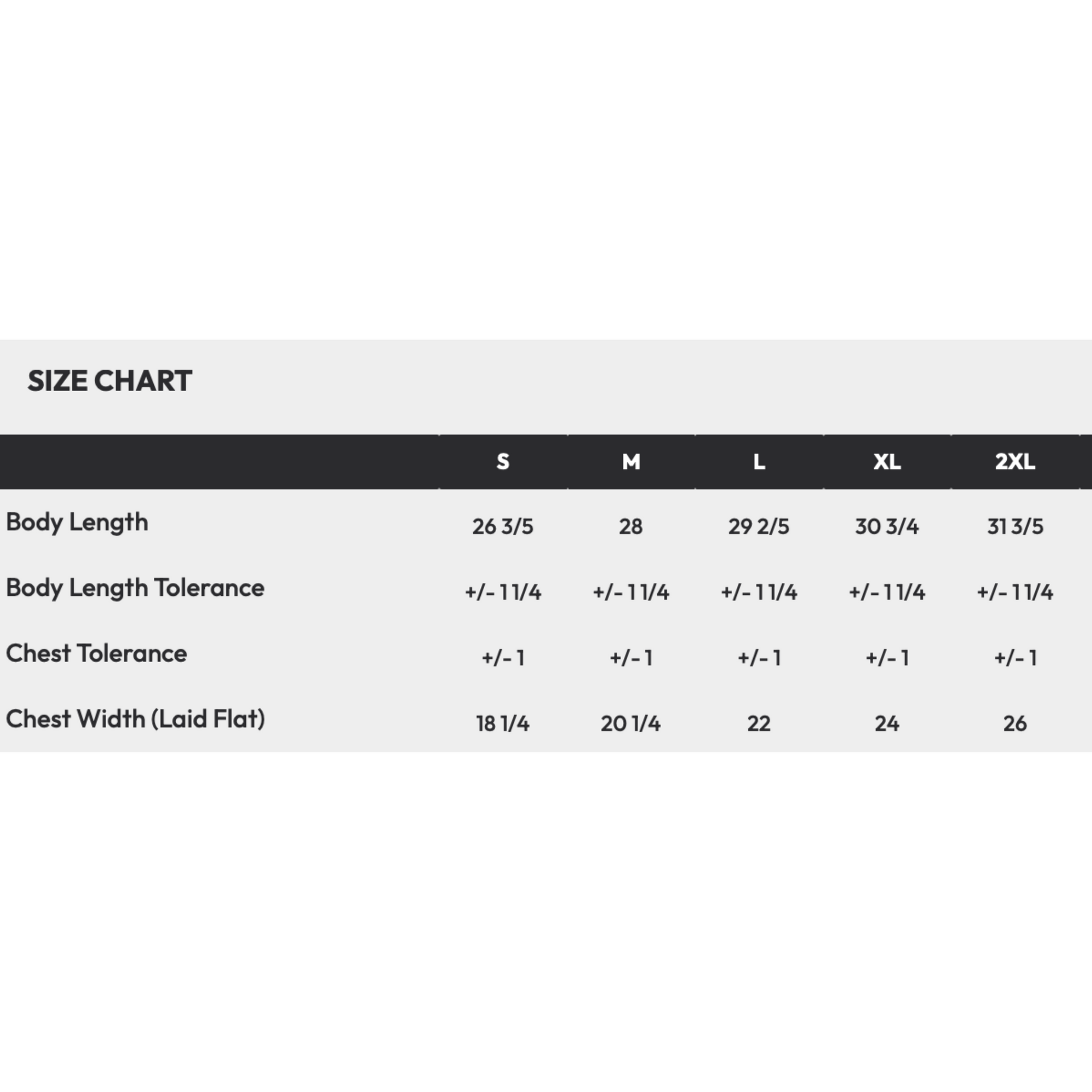 Size chart for clothing with measurements in inches
