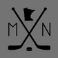 Heather Gray Minnesota Hockey T-Shirt. On the front has a black design with to hockey sticks faced like an X with a puck below in. An M to the left, an N to the right, and an outline of the state of minnesota up top. This is an image of the design in black on a gray background for an up close view.