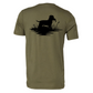 outdoor adventure shirt - back view - with dog in swamp water holding a duck in it's mouth