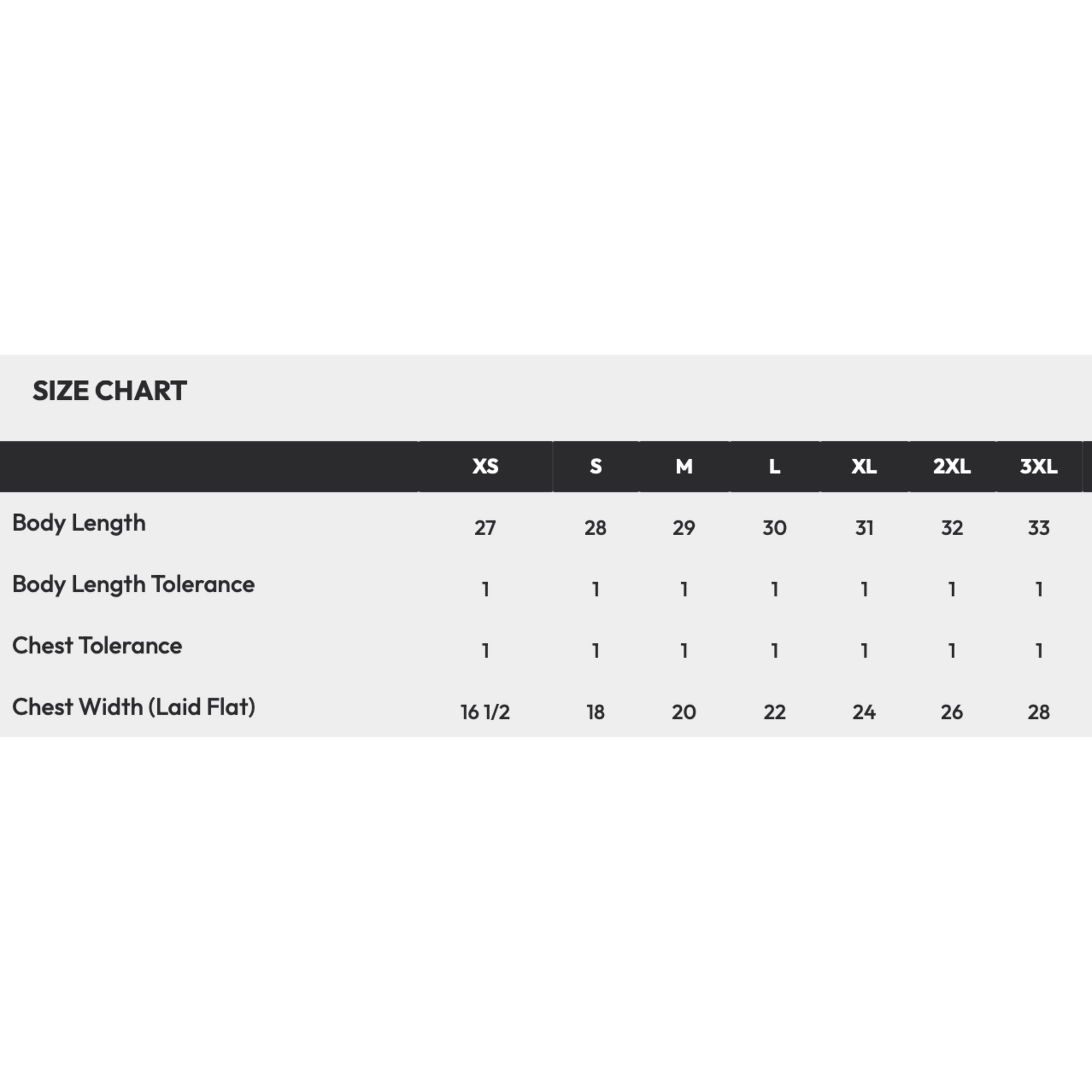 Size chart for clothing measurements on a white background