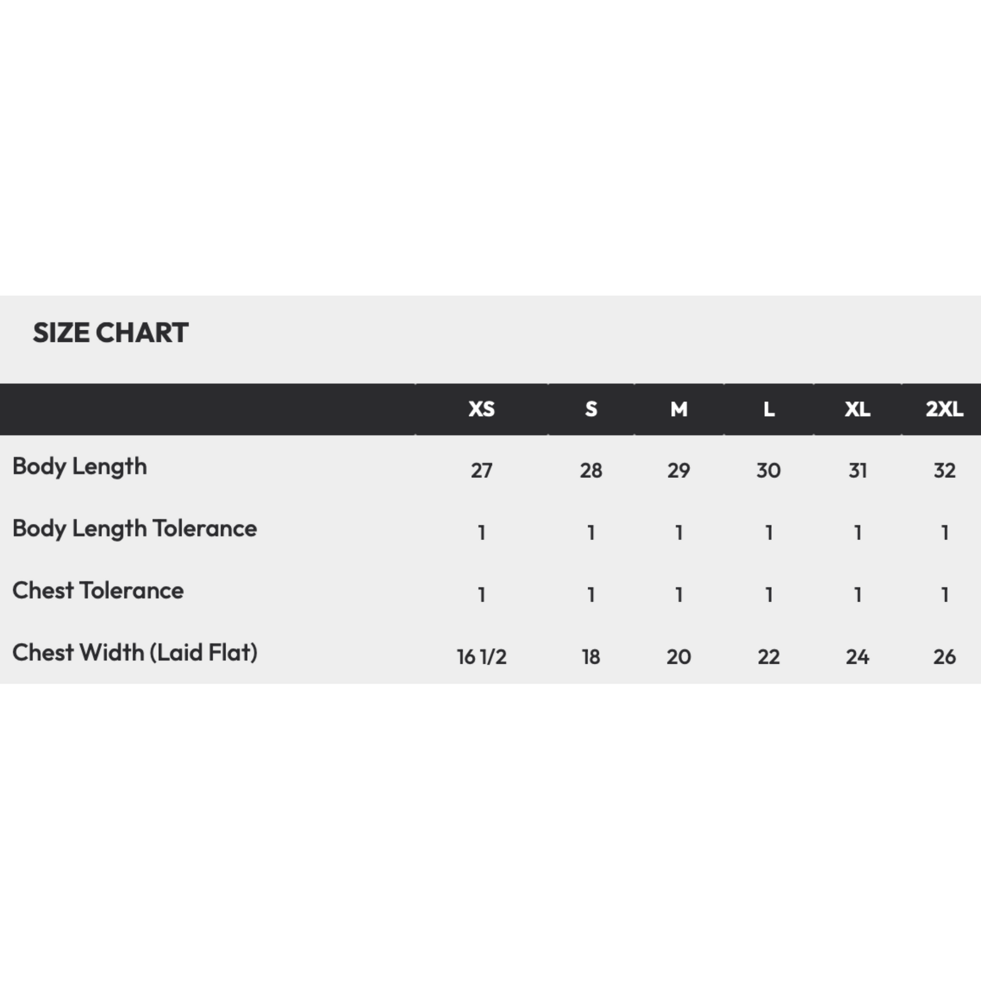 Size chart for clothing with measurements in centimeters