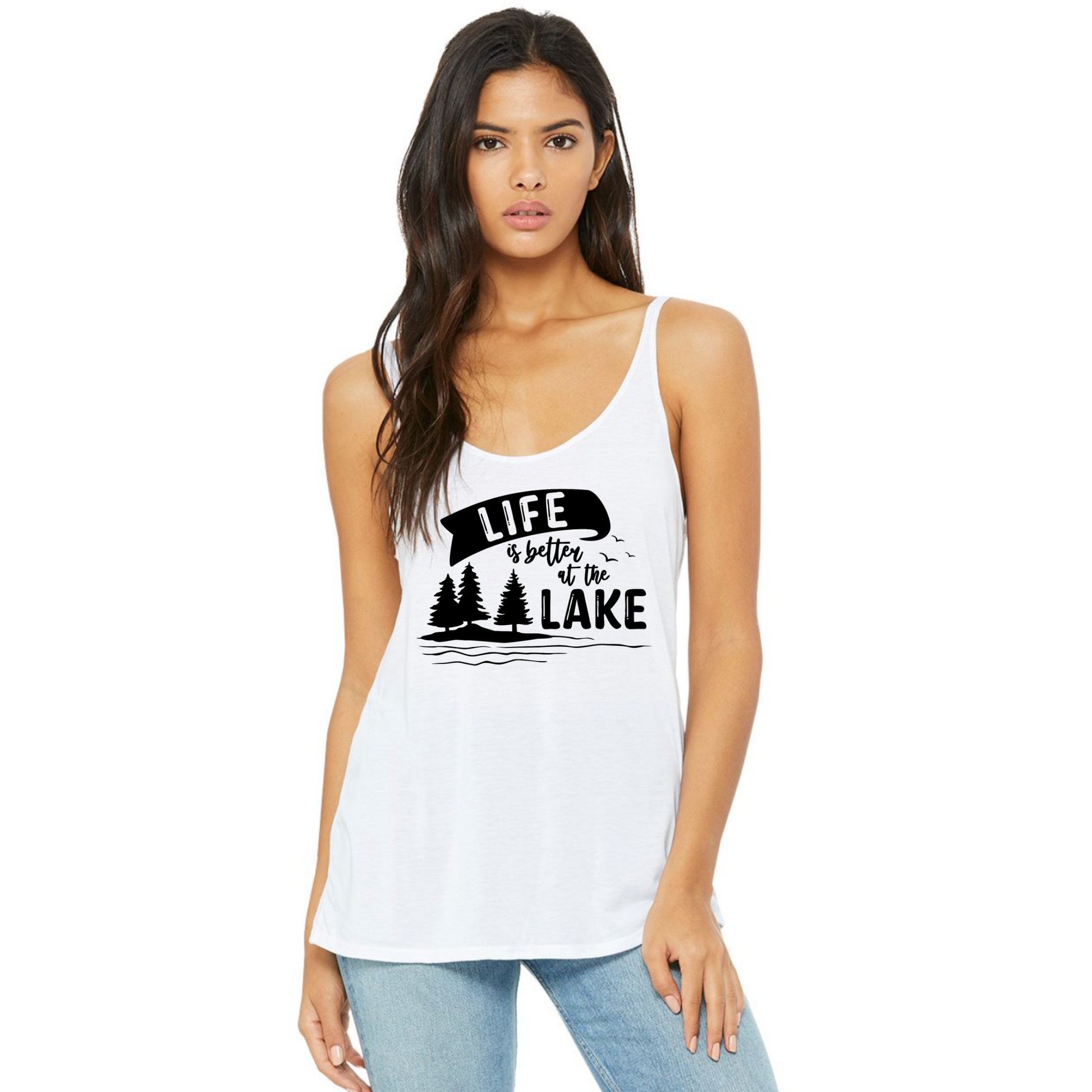 Life Is Better At The Lake Slouchy Tank Top - white - front view on a model