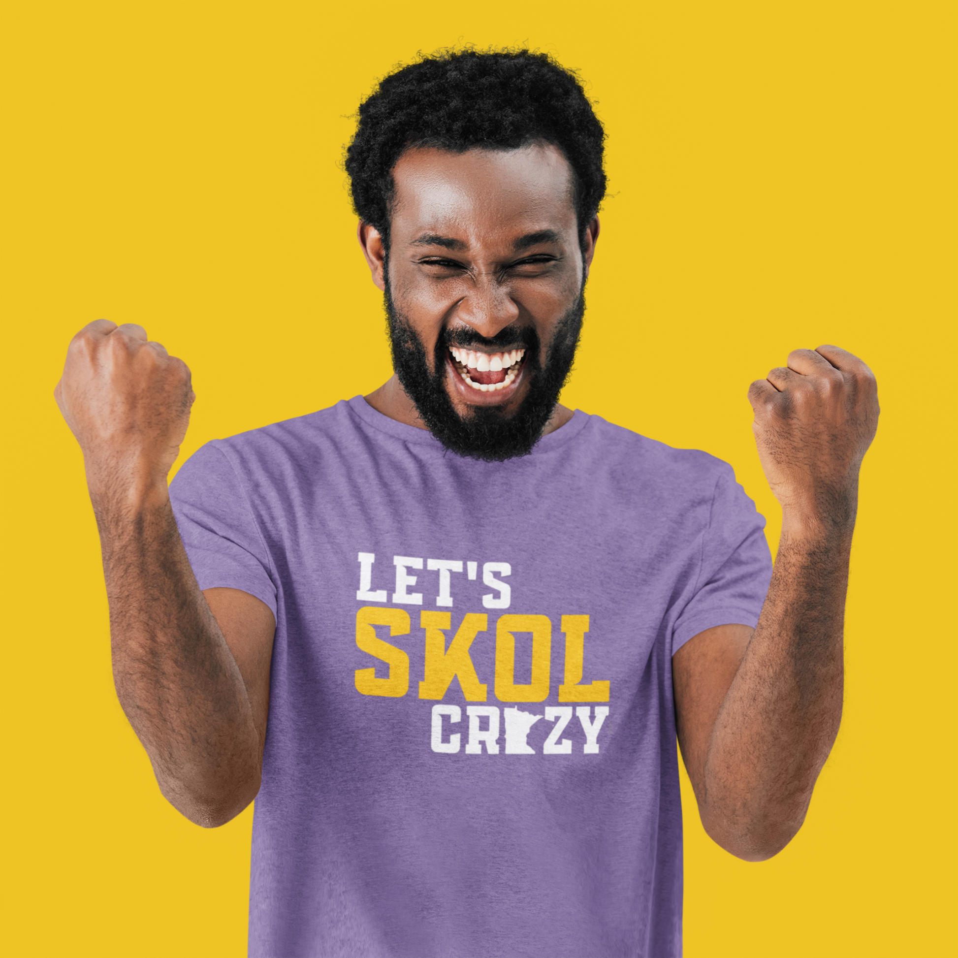 Man wearing a purple t-shirt with 'LET'S SKOL CRAZY' text on a yellow background