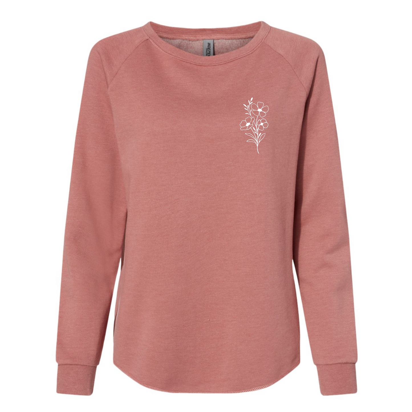 Front view of the dusty rose sweatshirt with white flower emblem