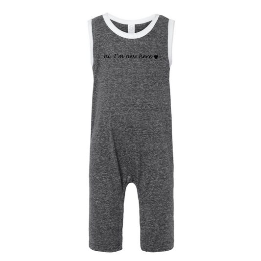 Gray baby romper with text on a white background