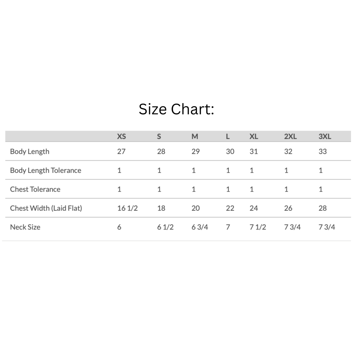 Lake It Easy T-Shirt size chart