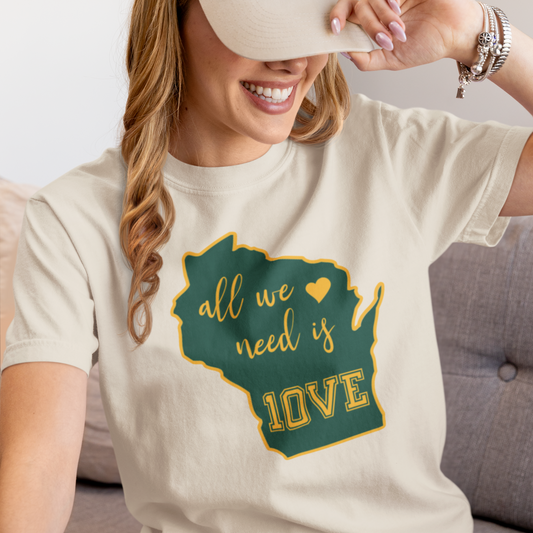 Woman wearing a t-shirt with a graphic design and text