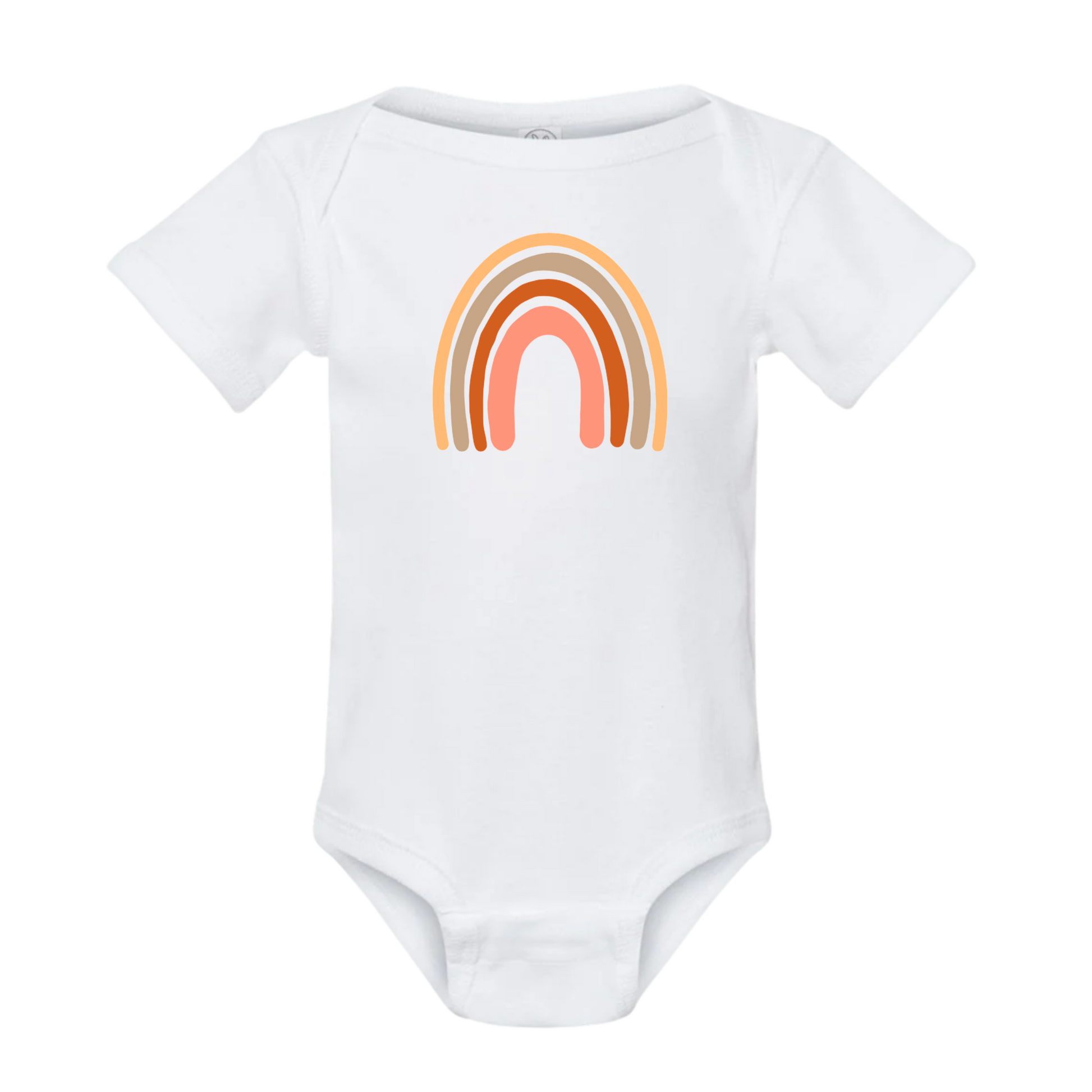 White baby onesie with a colorful rainbow design on a white background
