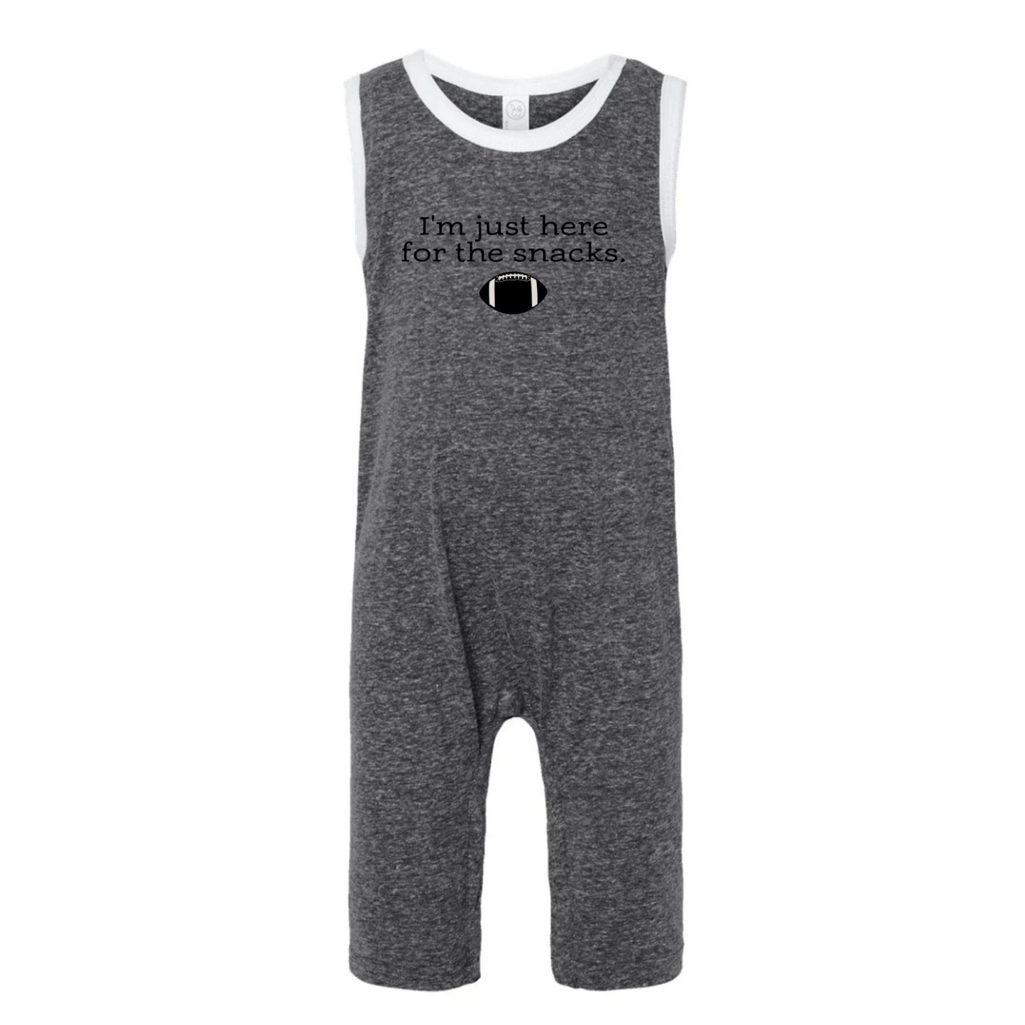 Gray romper with text 'I'm just here for the snacks' on a white background