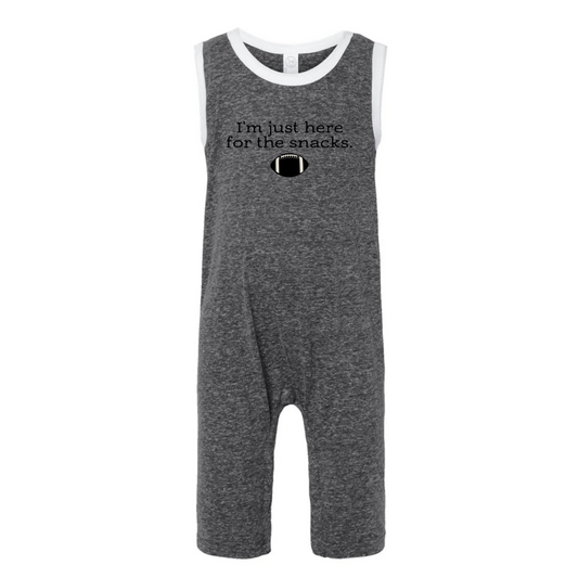 Gray romper with text 'I'm just here for the snacks' on a white background