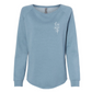 Front view of the misty blue sweatshirt with white flower emblem