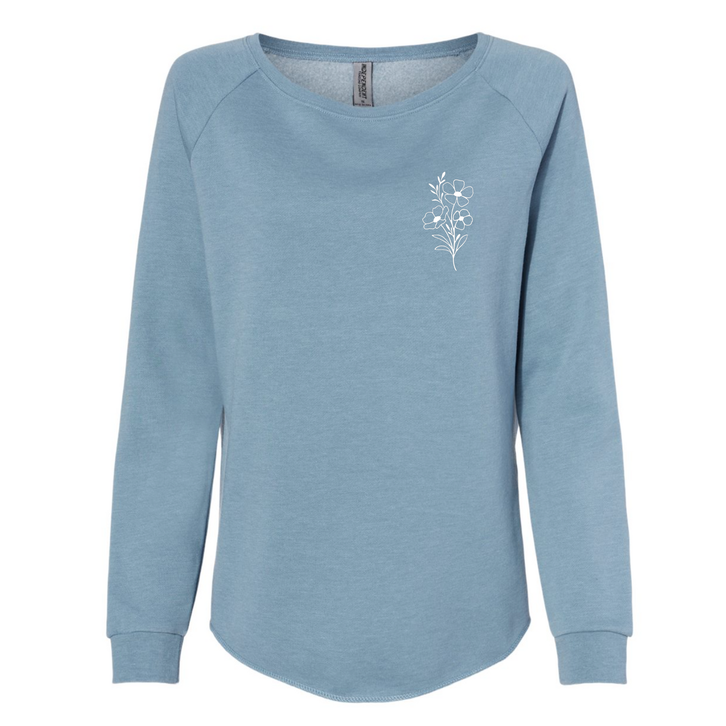 Front view of the misty blue sweatshirt with white flower emblem