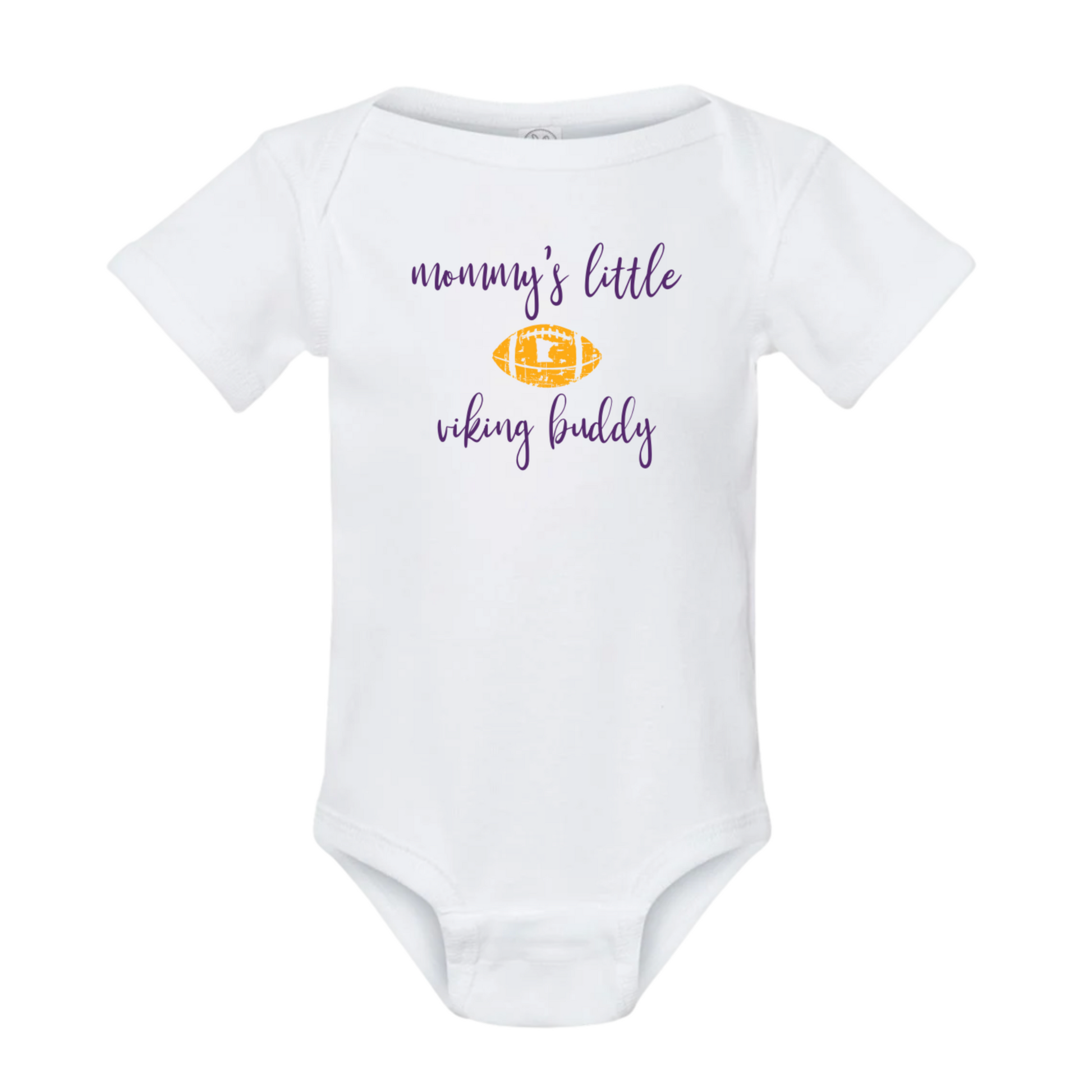 White baby onesie with 'mommy's little viking buddy' text on a white background