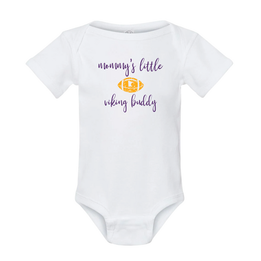 White baby onesie with 'mommy's little viking buddy' text on a white background