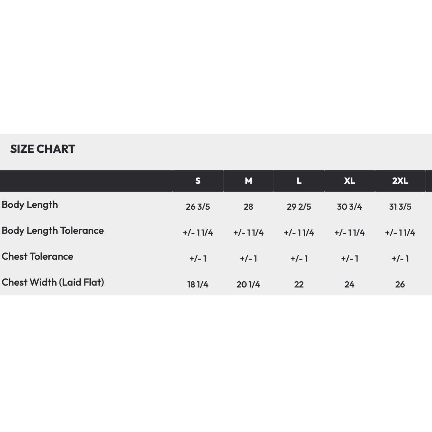 Size chart for clothing with measurements in inches
