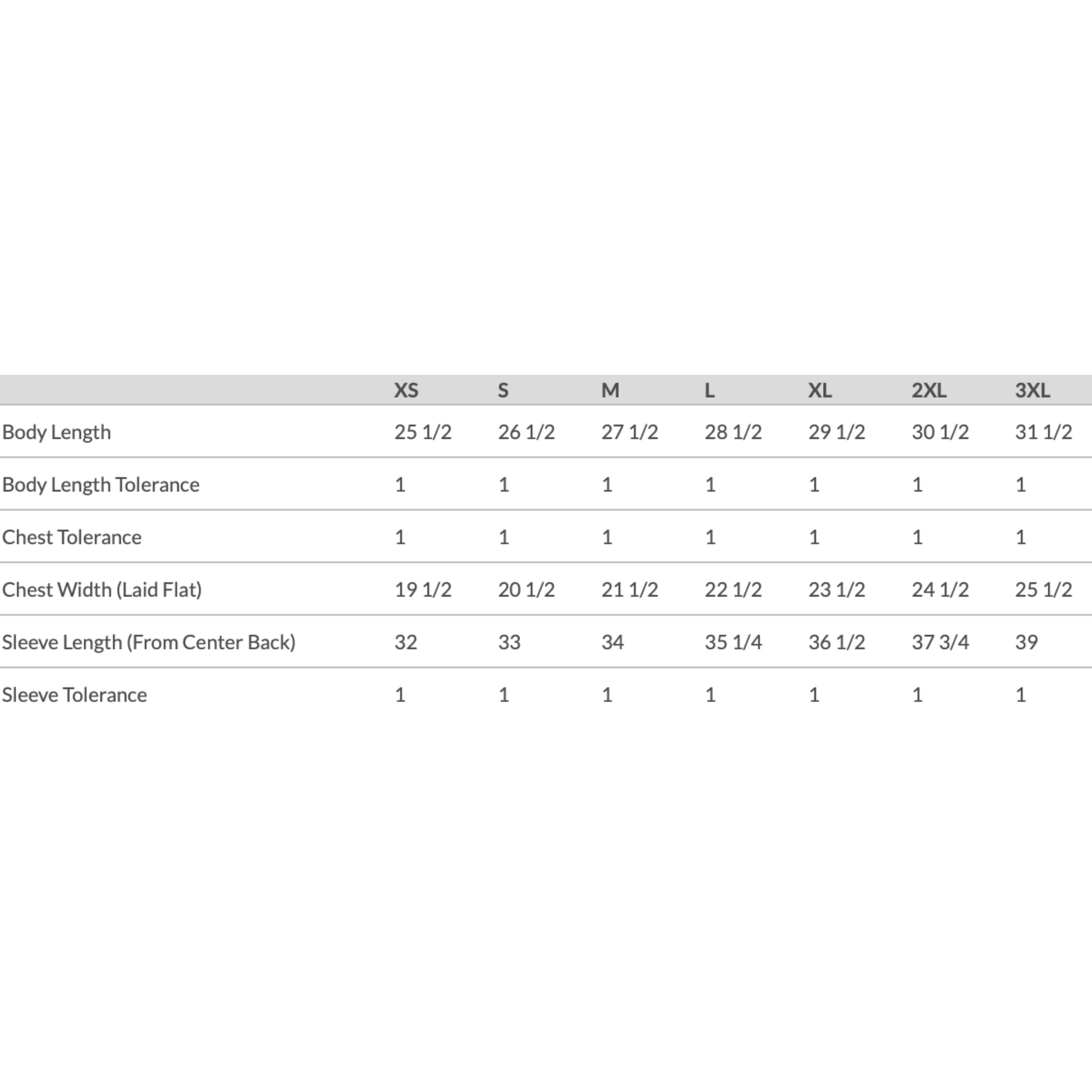 Sweatshirts size chart