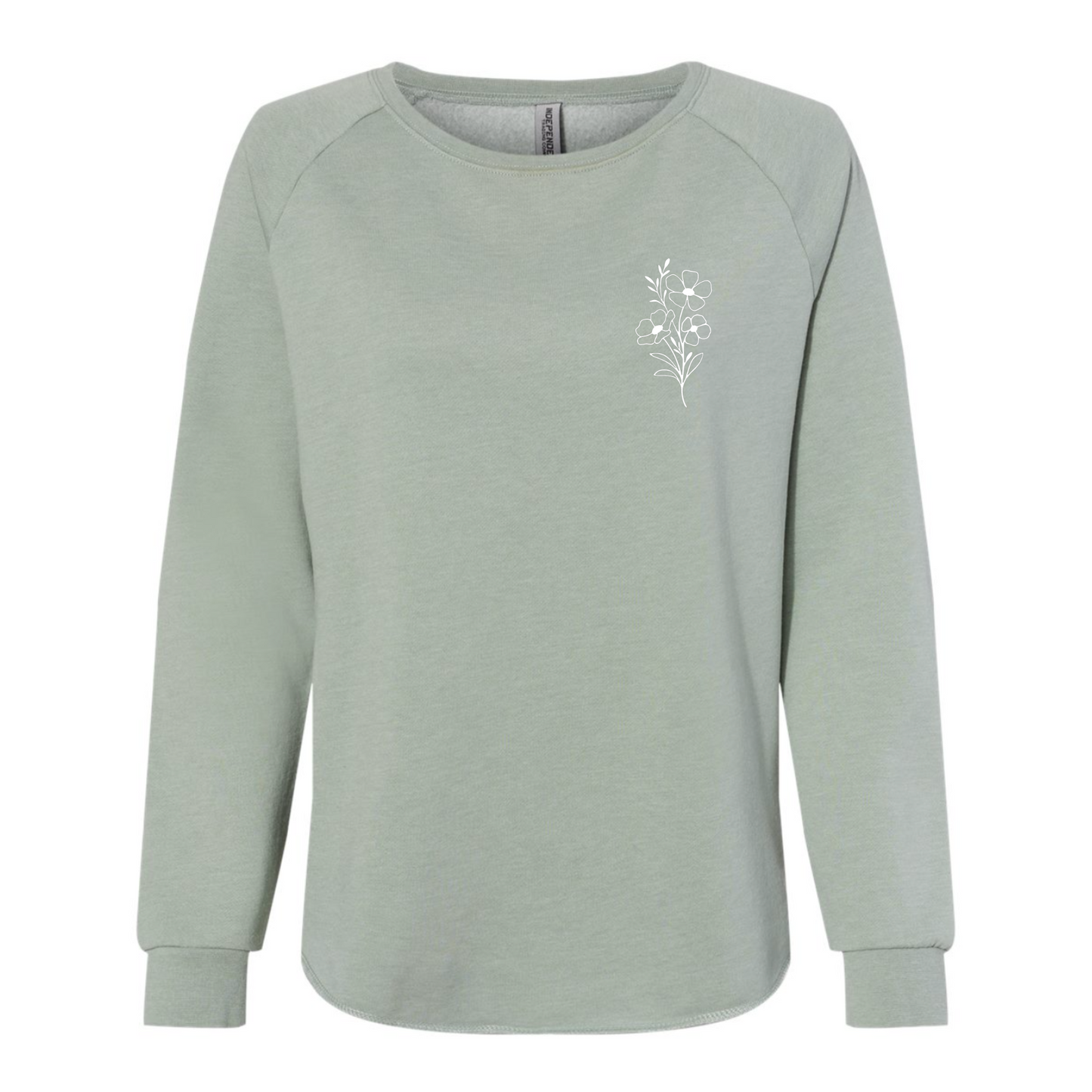 Front view of the sage sweatshirt with white flower emblem