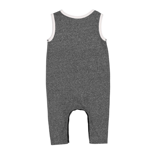 Gray baby romper with white trim on a white background
