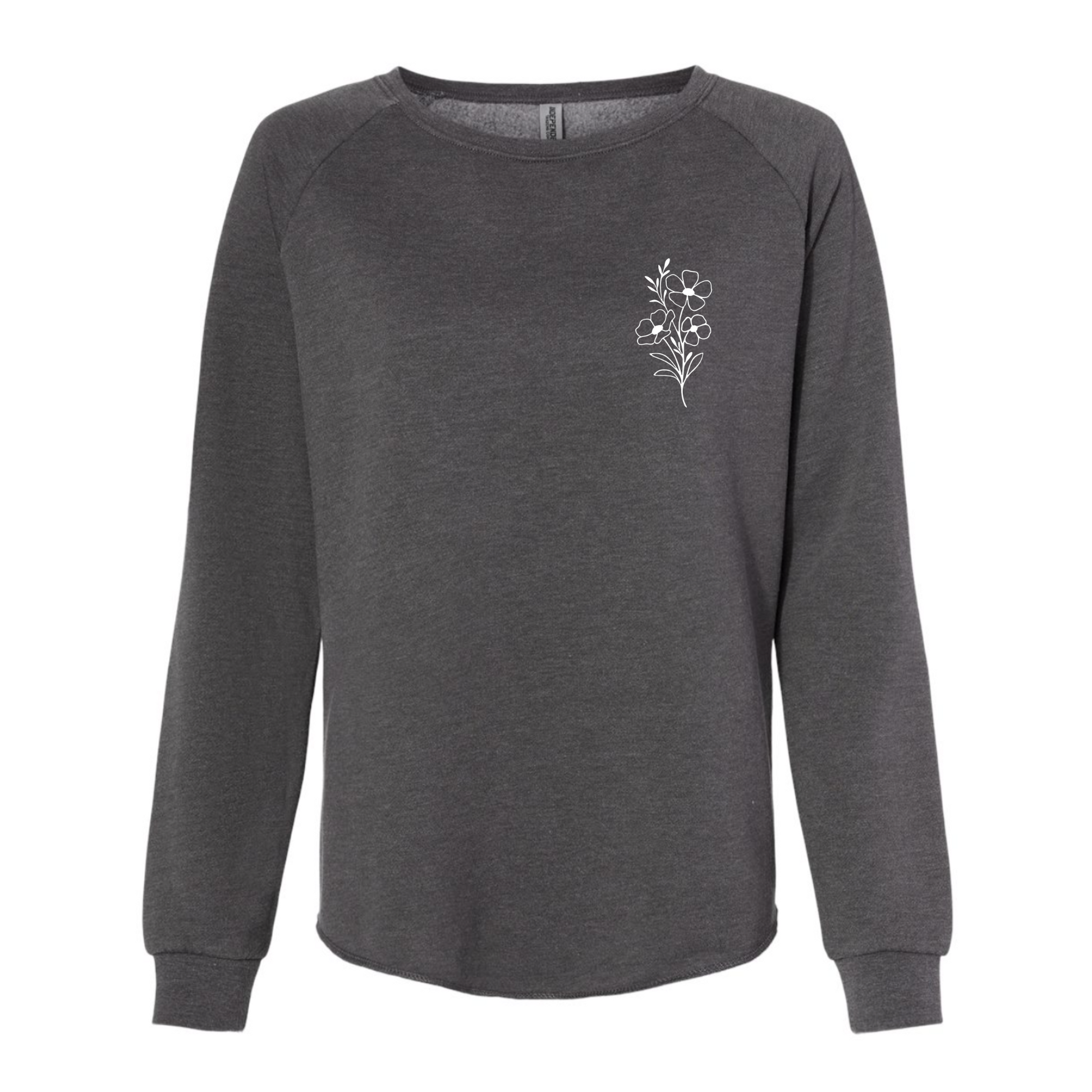 Front view of the charcoal sweatshirt with white flower emblem