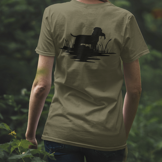 Styled view of the back of the outdoor adventures t-shirt - dog in swamp water holding a duck in it's mouth