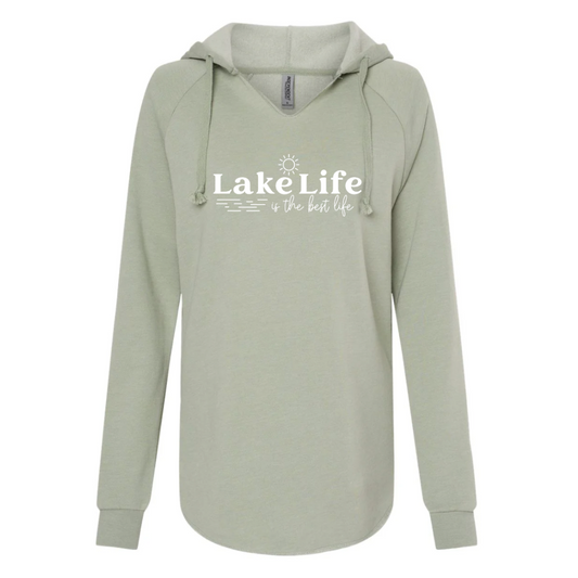 Light green hoodie with 'Lake Life is the best life' text on a white background