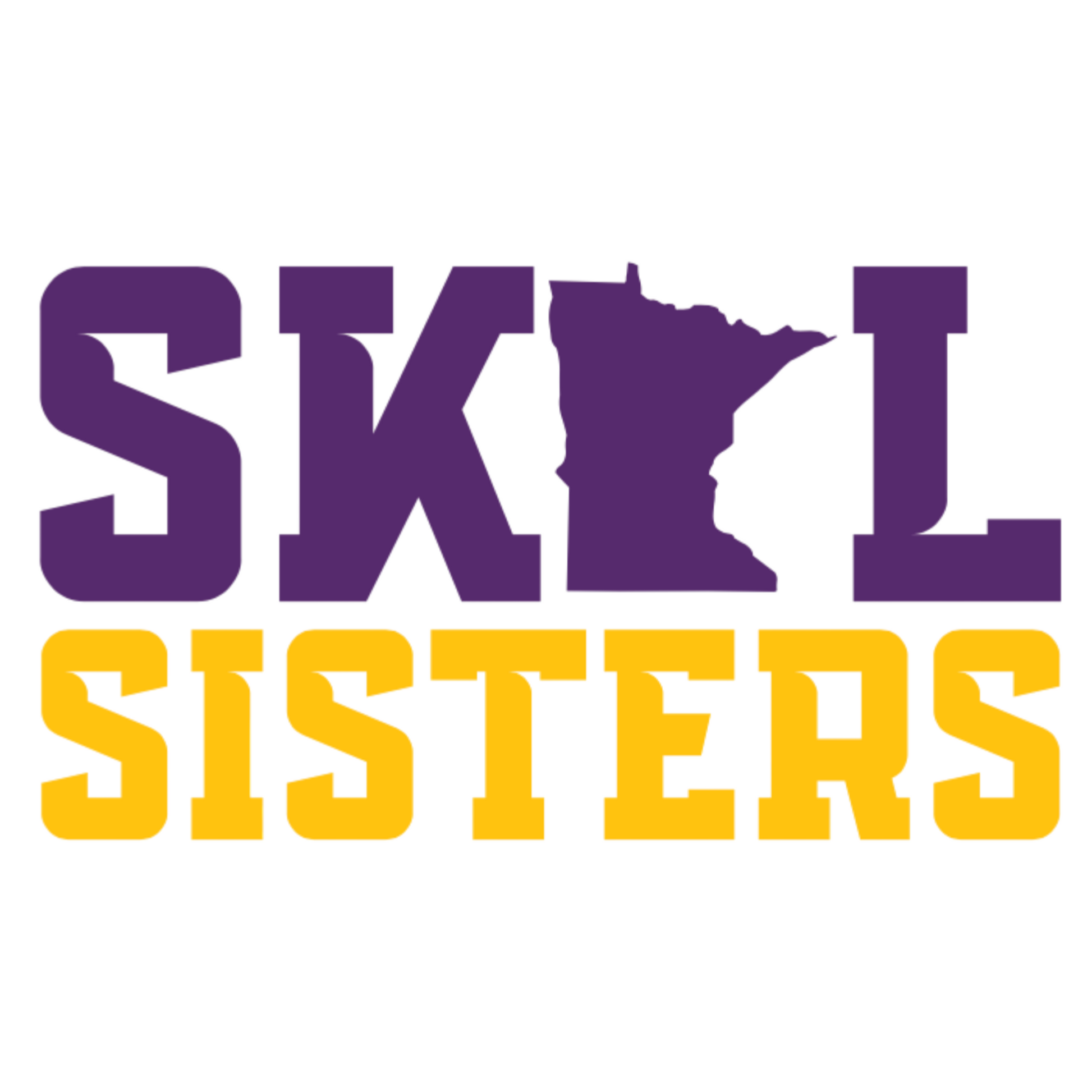 SKOL SISTERS Minnesota Design in purple and yellow on a white background