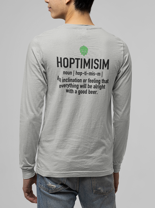 Hoptimisim Long Sleeve T-Shirt - back view on a male model
