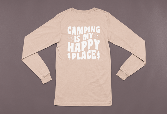 Camping Is My Happy Place Long Sleeve T-Shirt - back view on a dark purple background