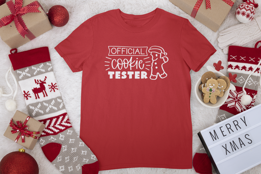 Official Cookie Tester T-shirt with all the christmas things surrounding it.