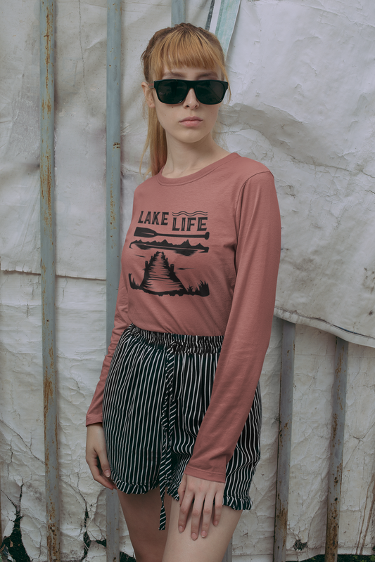 Lake Life Long Sleeve T-Shirt in Heather clay on a model with black & white striped shorts