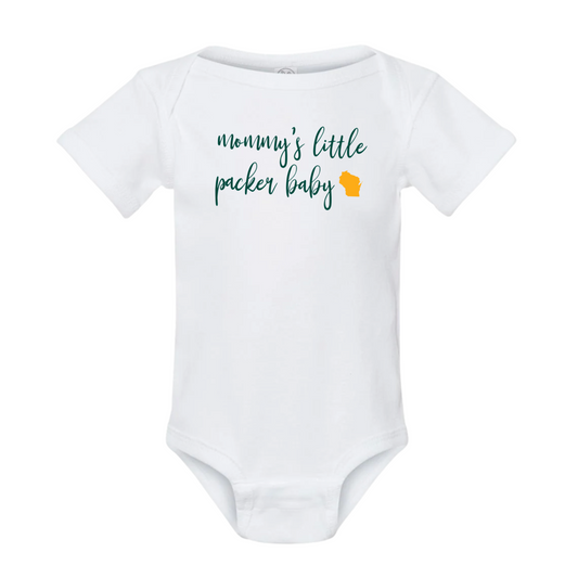 White baby onesie with 'mommy's little packer baby' text on a white background