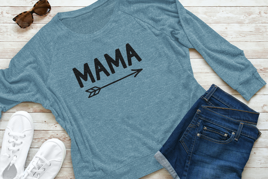 Mama Long Sleeve Shirt in blue laid out flat with white tennis shoes, shorts and sunglasses next to it.