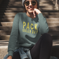 Green Bay Packers Crewneck Sweatshirt - front view on a female model sitting on stairs posing with a jean jacket wrapped around her waist, a hat and sunglasses on.